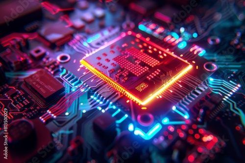 Futuristic Neon-Lit Computer Chip for High-Tech Marketing and Exhibitions
