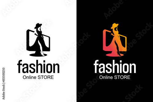 Vector illustration of woman and monitor logo design, online women's fashion logo