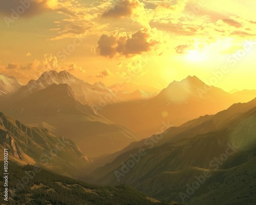 A serene mountain landscape under a golden sky