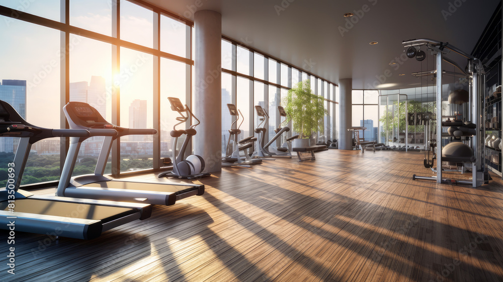 Obraz premium Bright modern gym with sports equipment and exercise equipment with large windows.