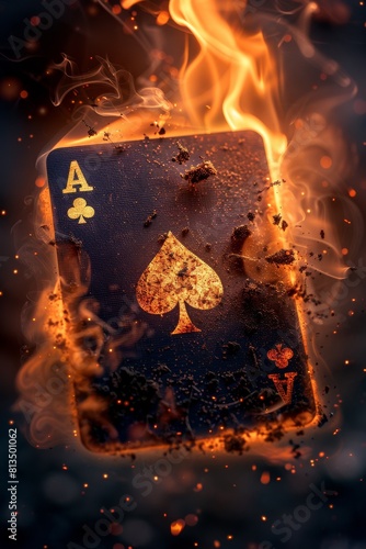 A card with a spade on it is lit on fire and surrounded by smoke