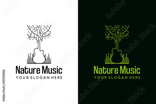 Fresh green nature guitar tree music logo design