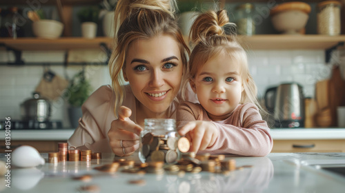 Caring young mother teaching small preschool kid daughter saving money or planning future purchases, putting coins in small piggybank in modern kitchen. Generative AI.