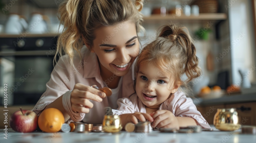 Caring young mother teaching small preschool kid daughter saving money or planning future purchases, putting coins in small piggybank in modern kitchen. Generative AI. Caring young mother teaching small preschool kid daughter saving money or planning future purchases, putting coins in small piggybank in modern kitchen. Generative AI.
