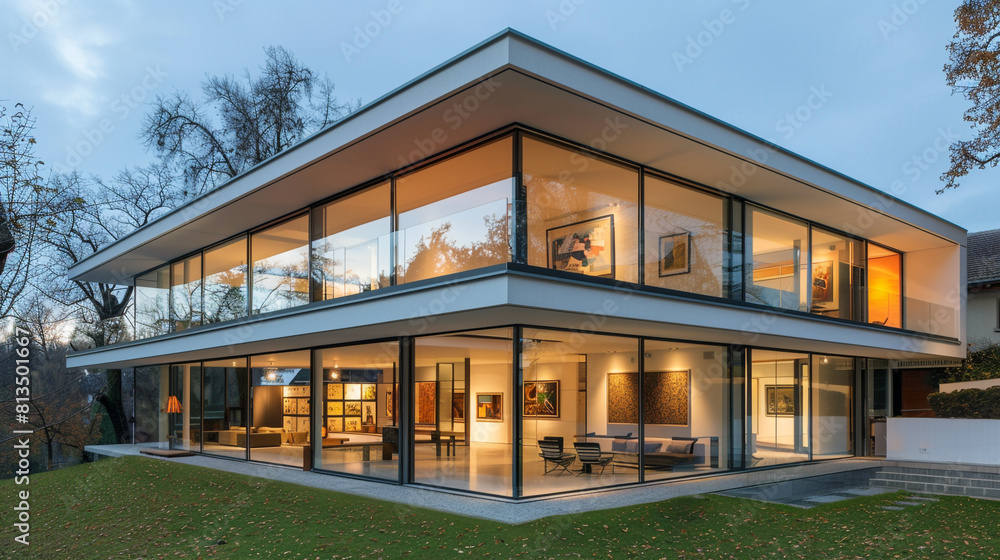 Modern cubic house with a minimalist art gallery on the first floor, visible through expansive glass walls.