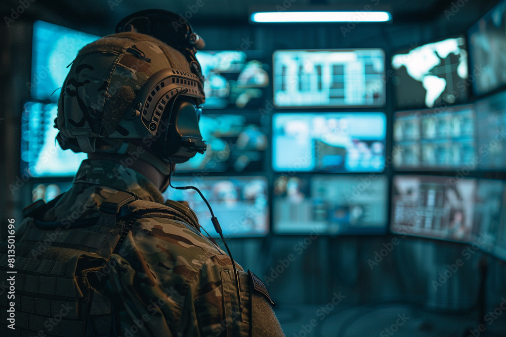 A military operator in tactical gear looks at a control room with multiple screens Command center and strategy concept A military operator in tactical gear looks at a control room with multiple screens Command center and strategy concept
