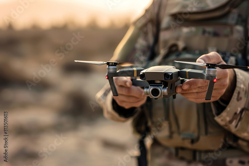 a military man controls a small drone  photo