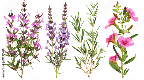 Set of Mediterranean garden flowers including oleander  lavender  and sage  isolated on transparent background