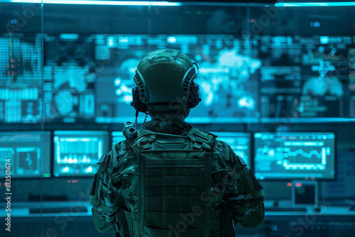 A military operator in tactical gear looks at a control room with multiple screens Command center and strategy concept 