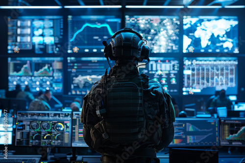 A military operator in tactical gear looks at a control room with multiple screens Command center and strategy concept 