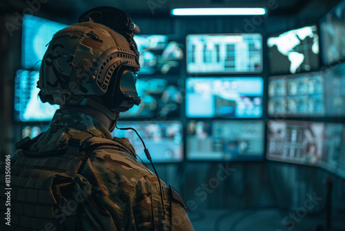 A military operator in tactical gear looks at a control room with multiple screens Command center and strategy concept 