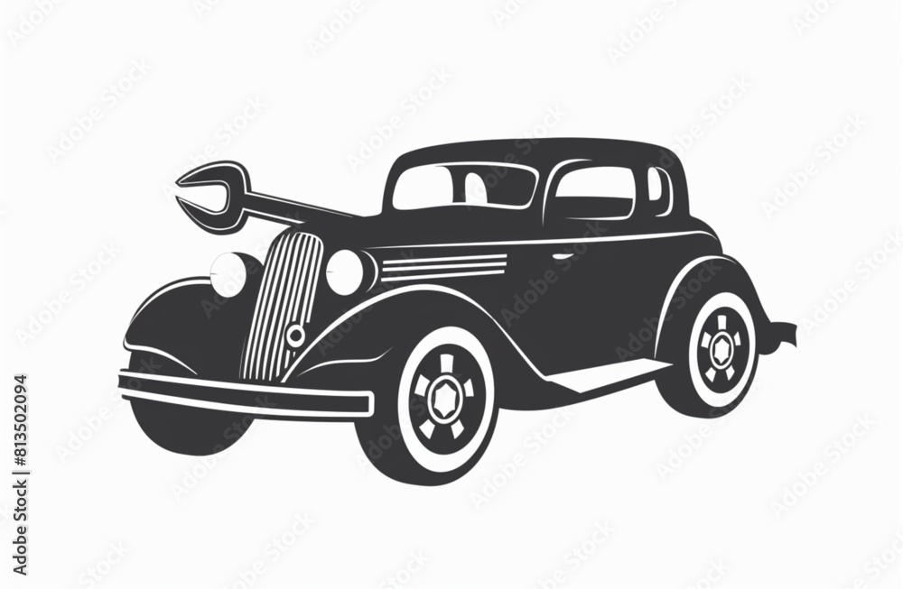 vintage car and wrenches, vector logo in gray color on white background,