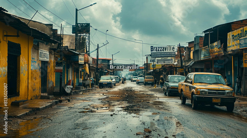 Street View of Brazzaville After Rainfall with Local Shops and Parked Cars photo