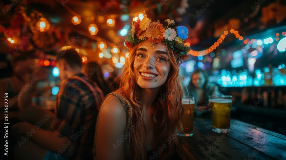 Joyful Young Woman Celebrating St. Patrick's Day in a Lively Bar Setting Joyful Young Woman Celebrating St. Patrick's Day in a Lively Bar Setting