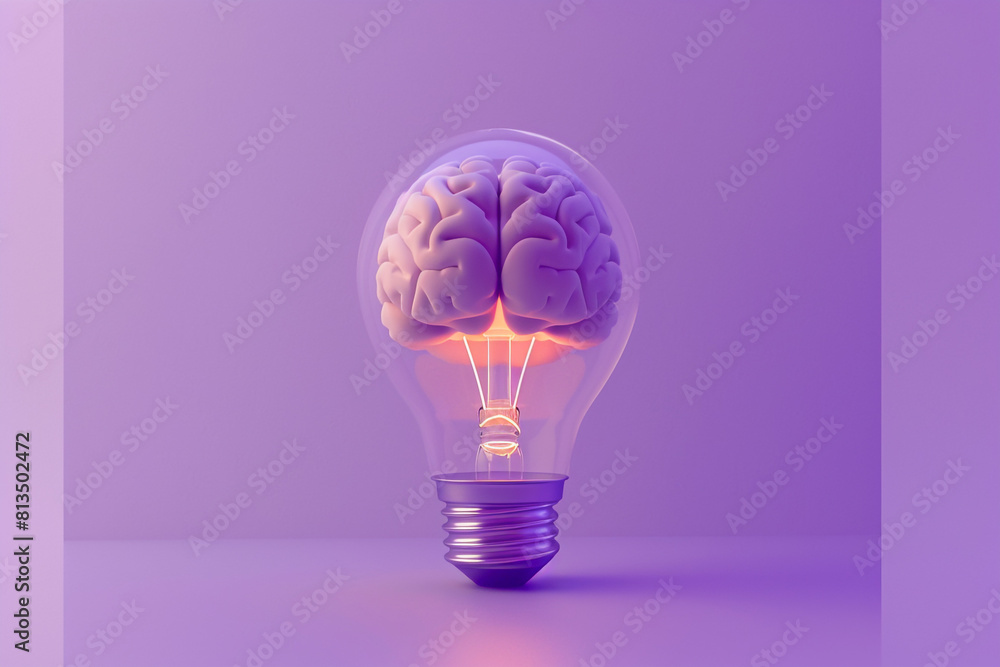 A minimalist 3D concept featuring a brain inside a bulb with a subtle glow, against a pastel purple background, representing quiet brilliance A minimalist 3D concept featuring a brain inside a bulb with a subtle glow, against a pastel purple background, representing quiet brilliance