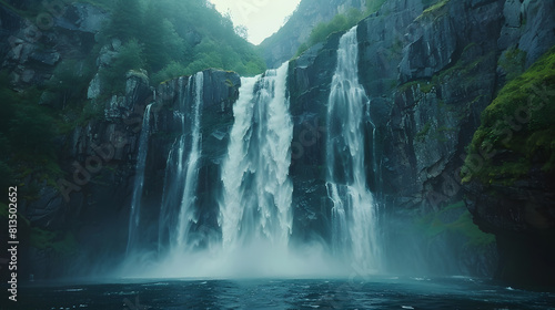 A photo featuring the majestic waterfalls of Norway in full flow during the summer months. Highlighting the cascading torrents of water and the misty spray rising from the plunge pools below, while su