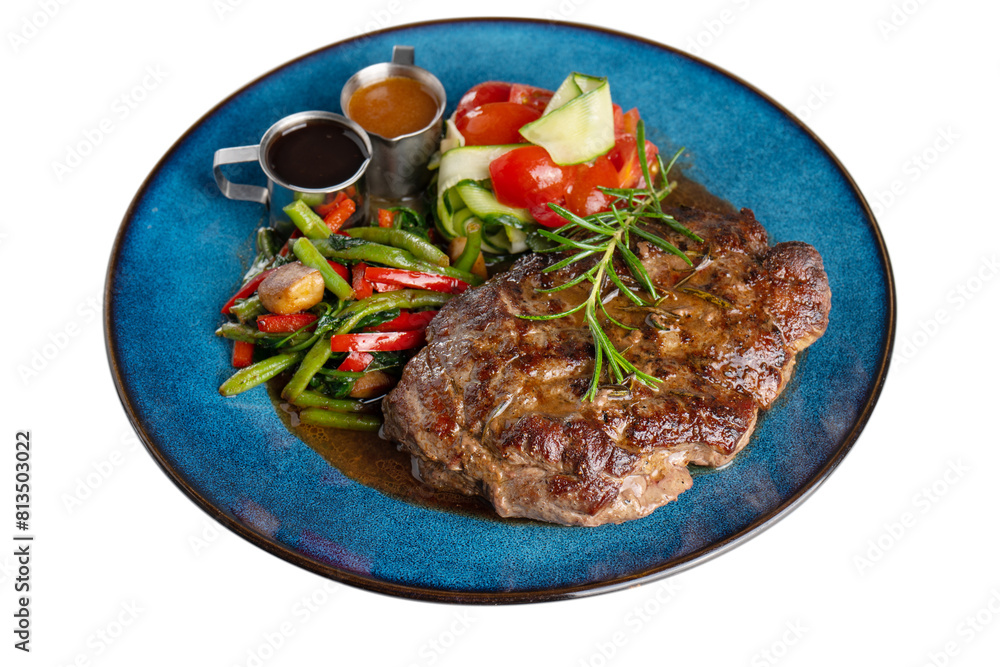 Beef Steak with Roasted Vegetables and Sauces on a Plate, White Background Beef Steak with Roasted Vegetables and Sauces on a Plate, White Background