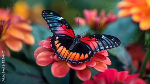 Vibrant Butterfly Resting on a Colorful Dahlia in Full Bloom