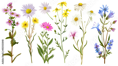Set of alpine meadow flowers including alpine aster, edelweiss, and mountain arnica, isolated on transparent background photo