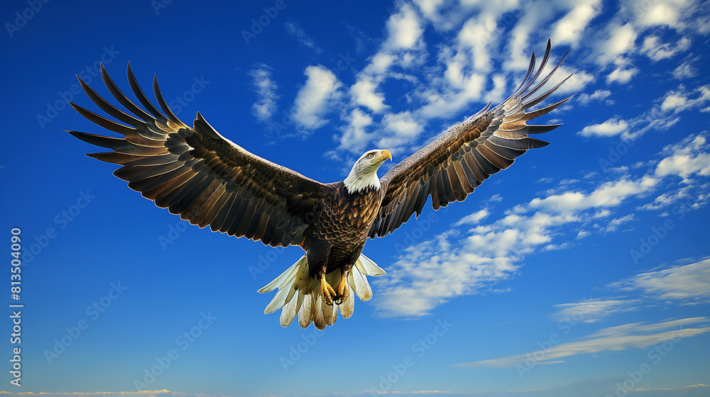Obraz premium Majestic Bald Eagle Soaring Against a Blue Sky with Clouds