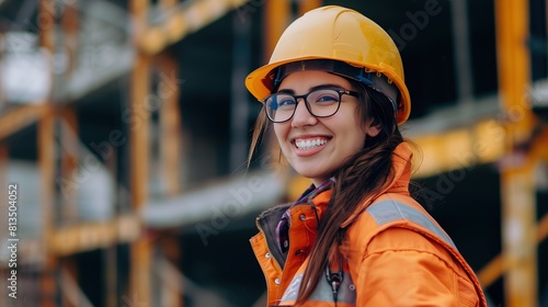 A smiling female engineer on a construction site
