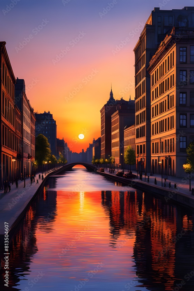 Fototapeta premium At sunset in the city center, sunset and night sky, the view of the city where the sun sets, the brilliant sunset, the beautiful sunset, the brilliant sunset, the brilliant sunset, ai, 도시의 석양, 일몰