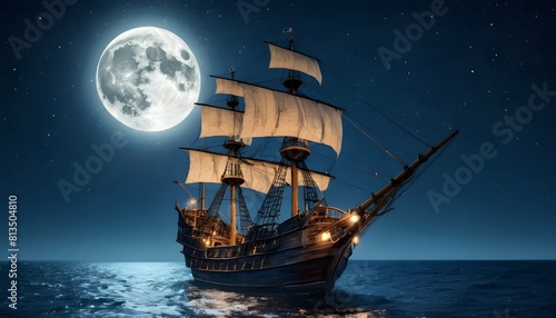 A pirate ship sailing under a starry sky with a fu upscaled 4