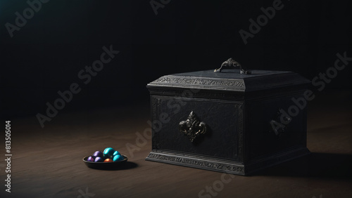 small black box with a few colored eggs in it