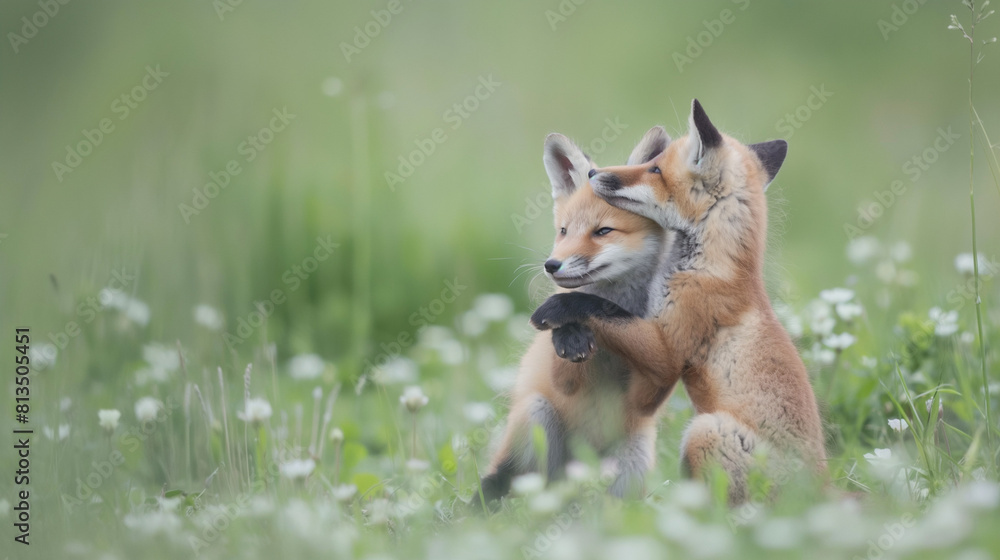 Playful Fox Cubs Nuzzling in a Lush Meadow Playful Fox Cubs Nuzzling in a Lush Meadow