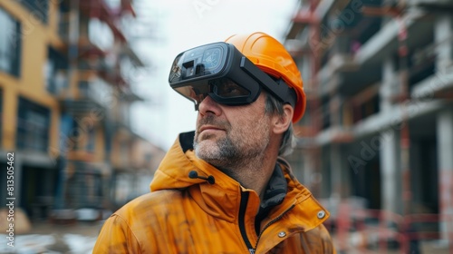 An architect with augmented reality glasses, collaborating with clients to visualize design concepts within the context of a construction site.