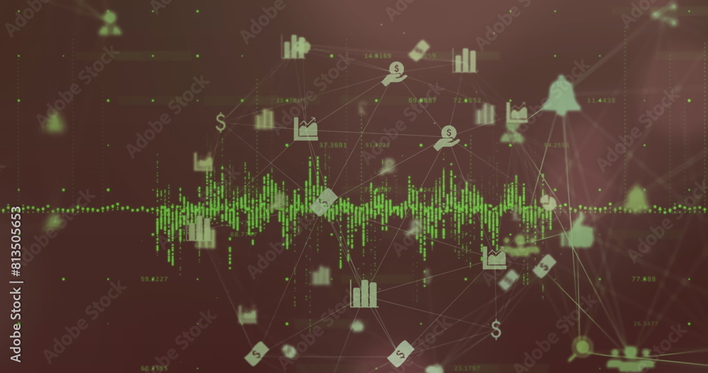 Obraz premium Image of networks of connections with icons over data processing
