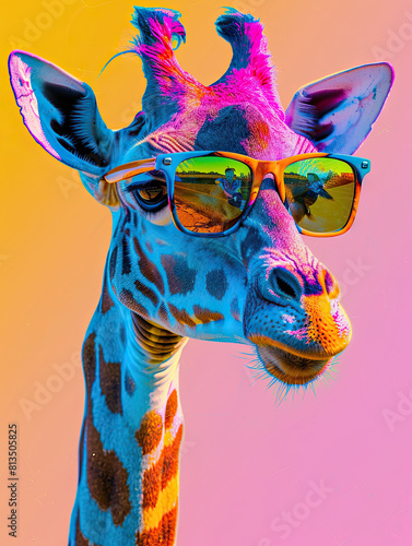 Colorful giraffe with sunglasses isolated background