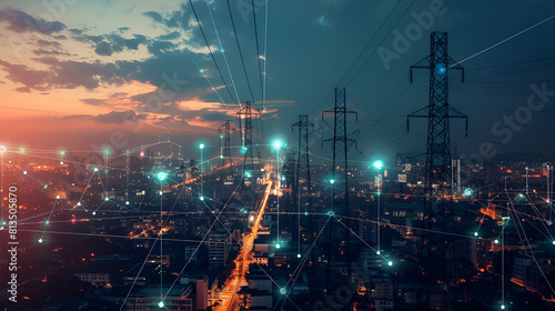 High power electricity poles in urban area connected to smart grid Energy supply distribution of energy transmitting energy energy transmission high voltage supply concept photo .Generative AI