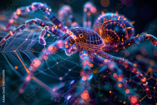 A neon-lit cybernetic spider weaving a web of secure digital networks, protecting data from virtual predators  © xadartstudio