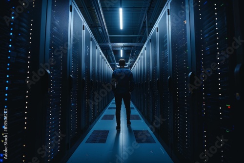 A technician walks through a dark and brightly lit server room. AI.