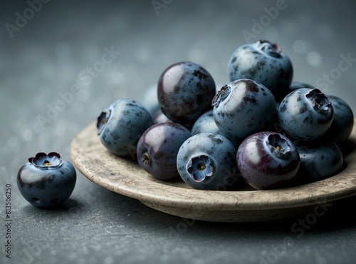 A close-up image of a handful of blueberries on a wooden plate with a dark background. AI.