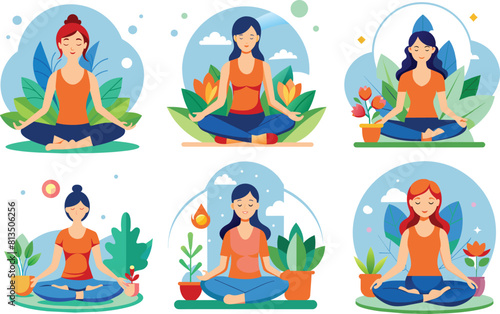 Set of flat yoga, mental health icon, vector illustration.