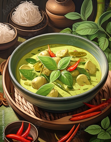 Bowl of Kaeng Keaw Whan (Thai Styled Green Curry) with Ingredient, Digital Art photo