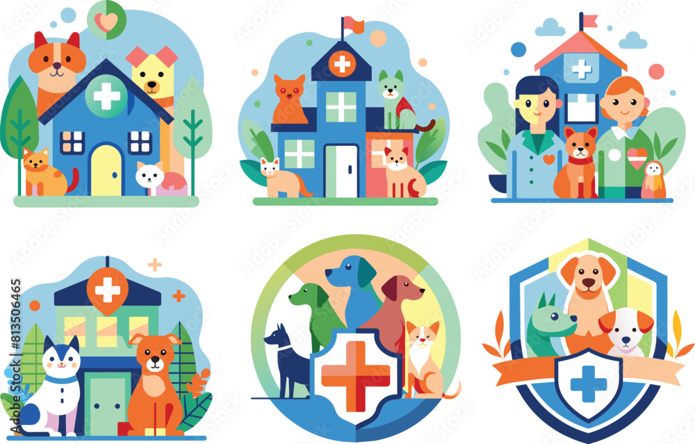 Set of flat veterinary, pet health icon, vector illustration. Set of flat veterinary, pet health icon, vector illustration.
