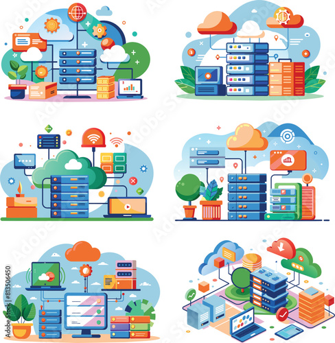 Set of flat technology, cloud server icon, vector illustration.