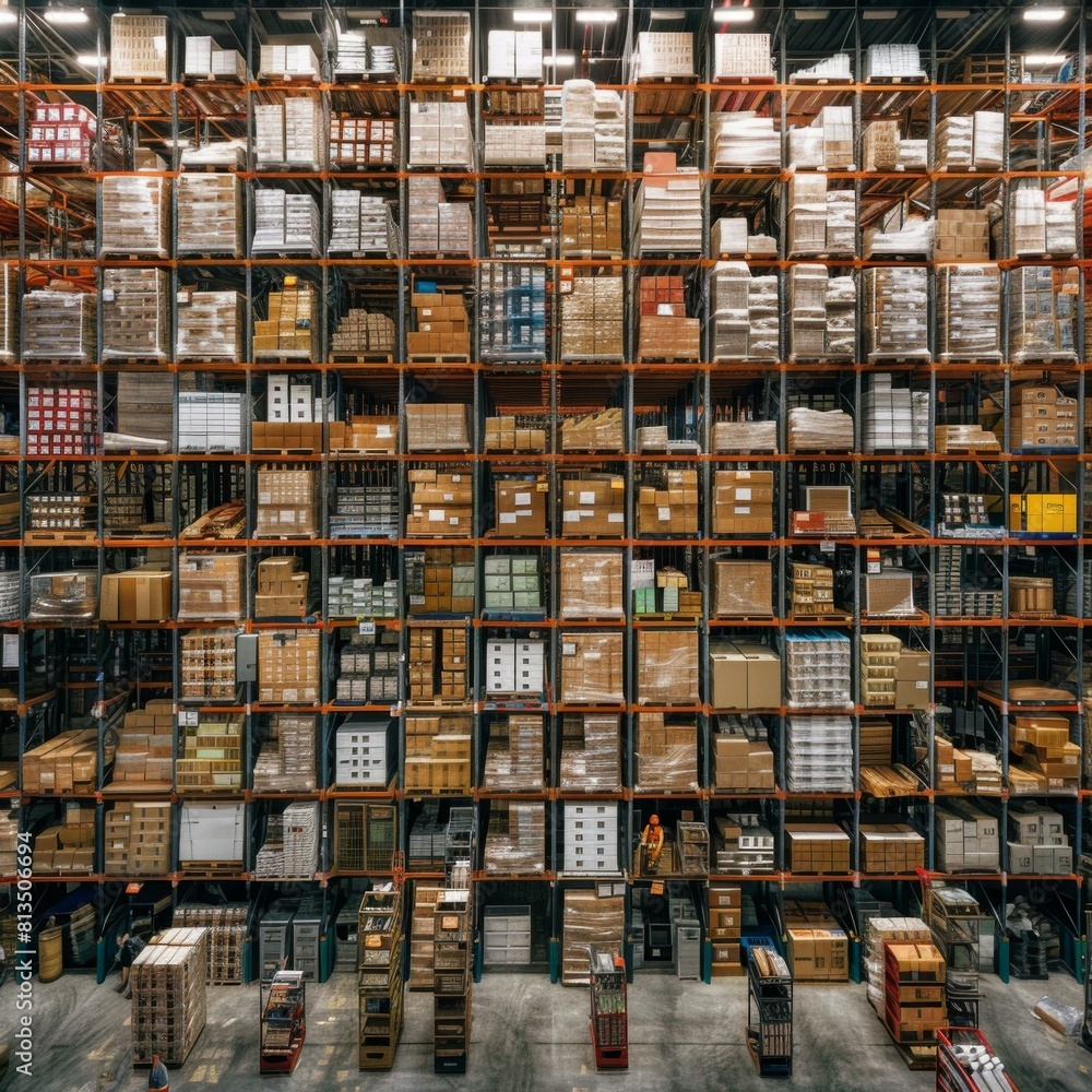 Rows of shelves stocked with various goods in a warehouse. AI. Rows of shelves stocked with various goods in a warehouse. AI.