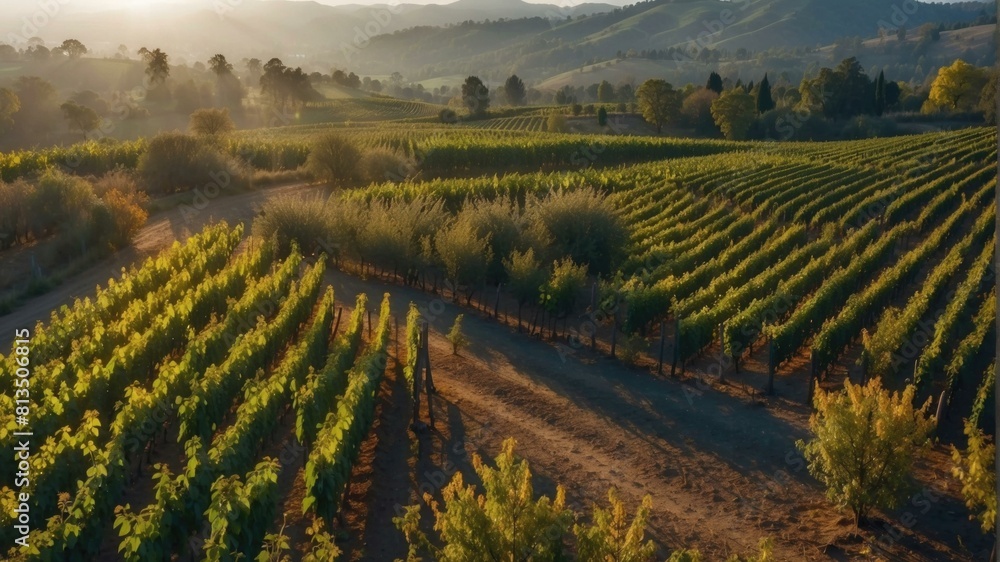 Rows of grape vines stretch across a hillside, with trees and mountains in the distance. AI. Rows of grape vines stretch across a hillside, with trees and mountains in the distance. AI.