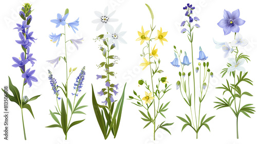 Set of alpine flowers including edelweiss, gentian, and bellflower, isolated on transparent background