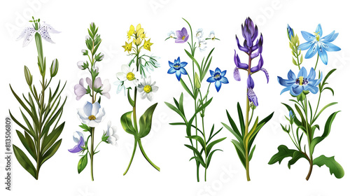 Set of alpine flowers including edelweiss, gentian, and bellflower, isolated on transparent background photo