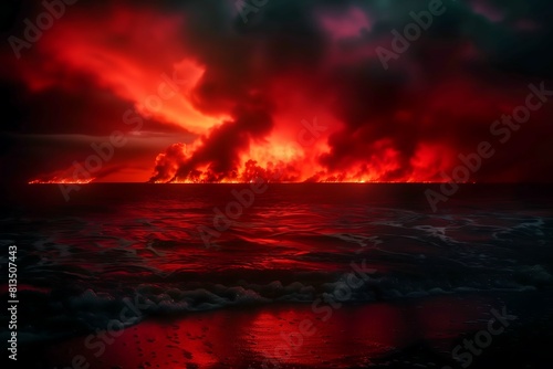 A powerful image of dark  burning clouds gathering above a rough  churning ocean exuding energy and turmoil