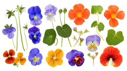 Set of edible flowers including nasturtium, viola, and borage, isolated on transparent background