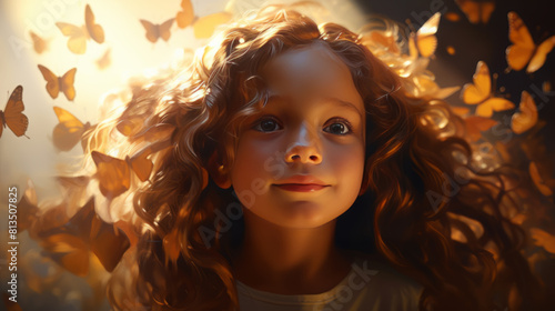 Wallpaper Mural A Close-Up of a Young Girl with Butterflies in Golden Light Torontodigital.ca