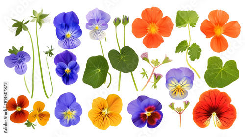 Set of edible flowers including nasturtium, viola, and borage, isolated on transparent background