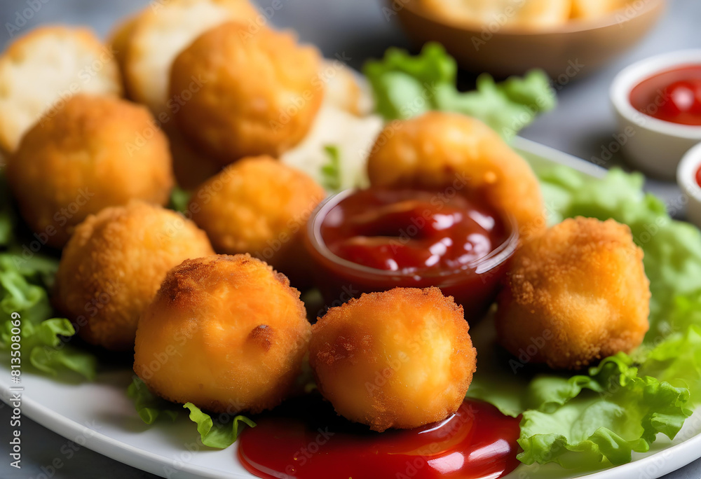 A plate of deep fried cheese balls with ketchup on the side A plate of deep fried cheese balls with ketchup on the side