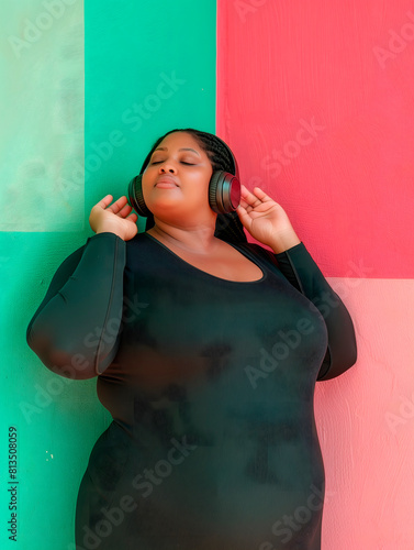 Mujer con sobrepeso disfrutando de música en fondo bicolor